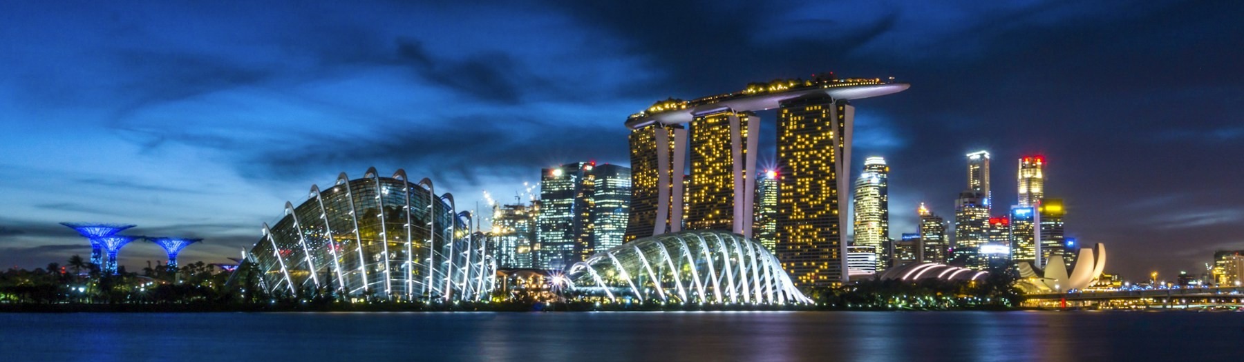 Singapore Marina Bay skyline at night, including Marina Bay Sands